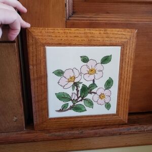 Floral Decorative Tile Trivet Hotplate Pot Holder w/ Wooden Frame